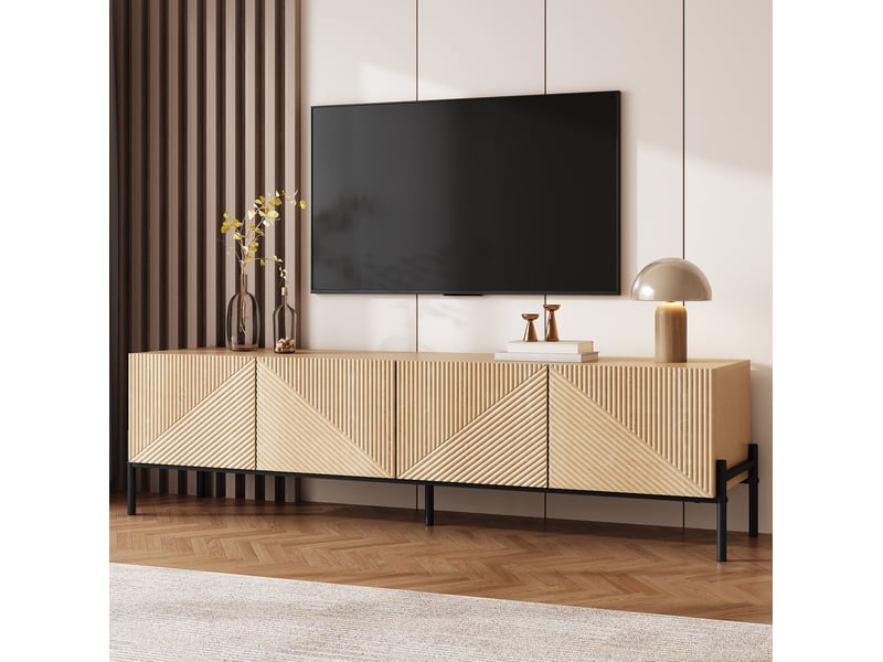  Meuble tv 4 portes en mdf naturel, 163,5 x 40 x 45 cm, pieds noirs  - Conforama D