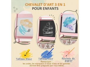 Tableau chevalet enfant ardoise double face tableau à craie rouleau papier 2 paniers rose 54 x 46,5 x 93 cm