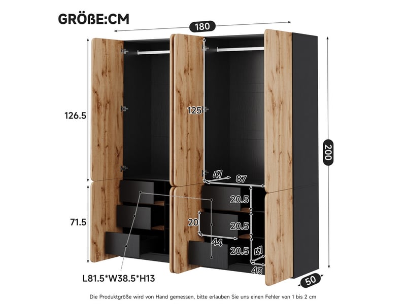  Armoire à portes battantes, 180 x 50 x 200 cm, avec 8 portes, 2 tringles et 6 tiroirs, finition chêne  - Conforama C