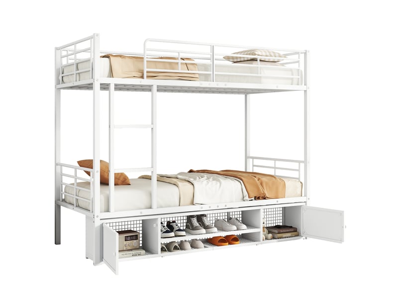  Lit superposé en fer, avec meuble à chaussures ouvert et petit meuble de rangement à double porte, idéal pour enfants et adolescents. Lit enfant avec échelle latérale et barrière de sécurité. En fer blanc, 90 x 200 cm.  - Conforama A