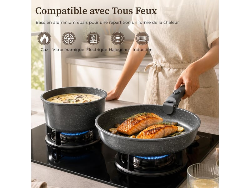  Batterie de cuisine antiadhésive yashe 9 pièces, gris  - Conforama D