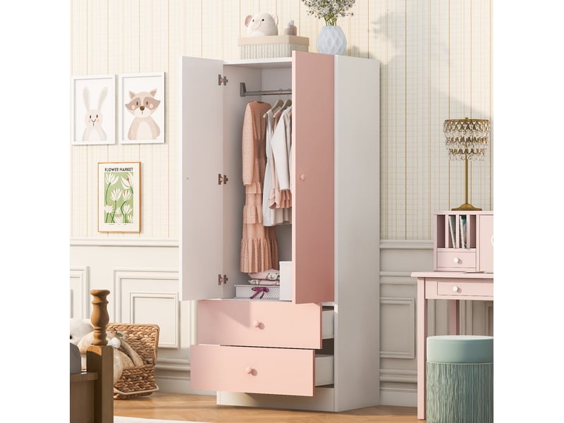 Armoire 1 porte avec penderie et 2 grands tiroirs, rose et blanche, pour chambre en contreplaqué et mdf 70 × 40 × 170 cm - Conforama B