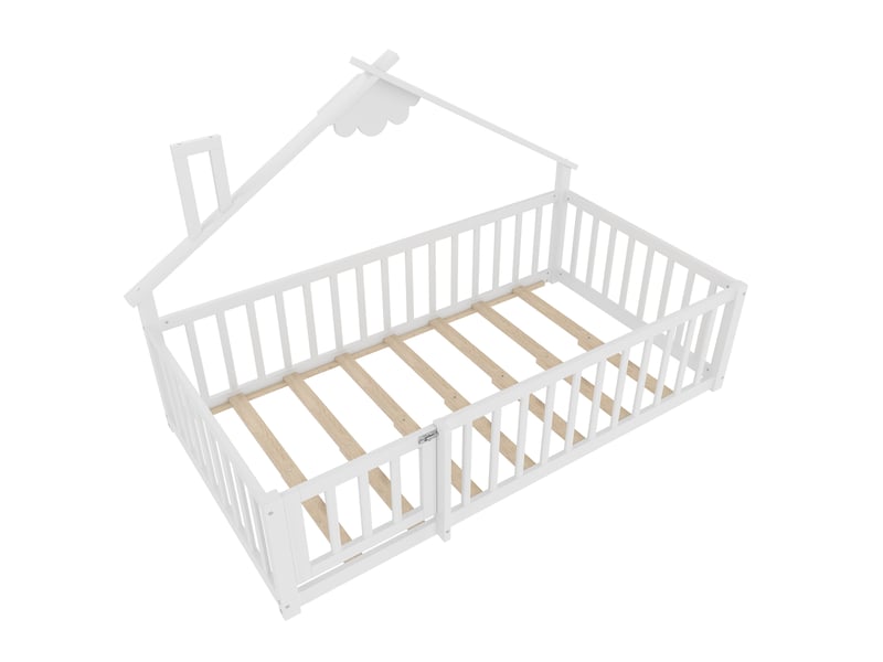  Lit enfant maison 90x190 cm barrière 32 cm avec serrure sécurité rêve design bois pin + mdf blanc sans matelas  - Conforama E
