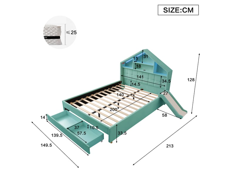 Lit enfant rembourré tcqpz 140 x 200 cm bleu-vert avec toboggan réversible led rangement et port de charge - Conforama C