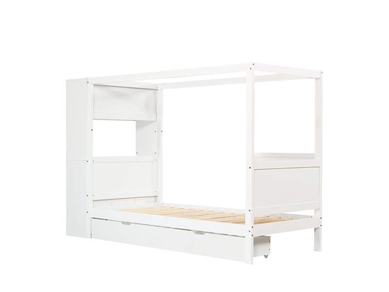  Lit enfant en bois avec casiers, tiroirs à roulettes et barrière, 90x200cm, blanc naturel  - Conforama A