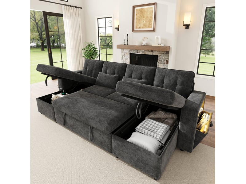 Canapé d'angle en u 4 places 273x131x83 cm avec led, usb et rangement en métal et bois couleur gris, moderne - Conforama D