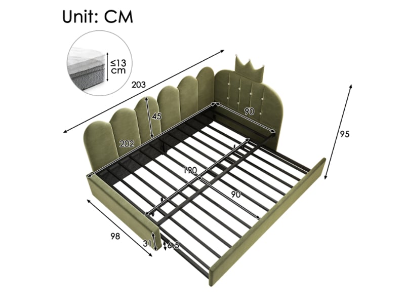  Canapé-lit velours vert 90x200 cm, lit escamotable 90x190 cm, forme en l, grille couronne, gain de place  - Conforama C