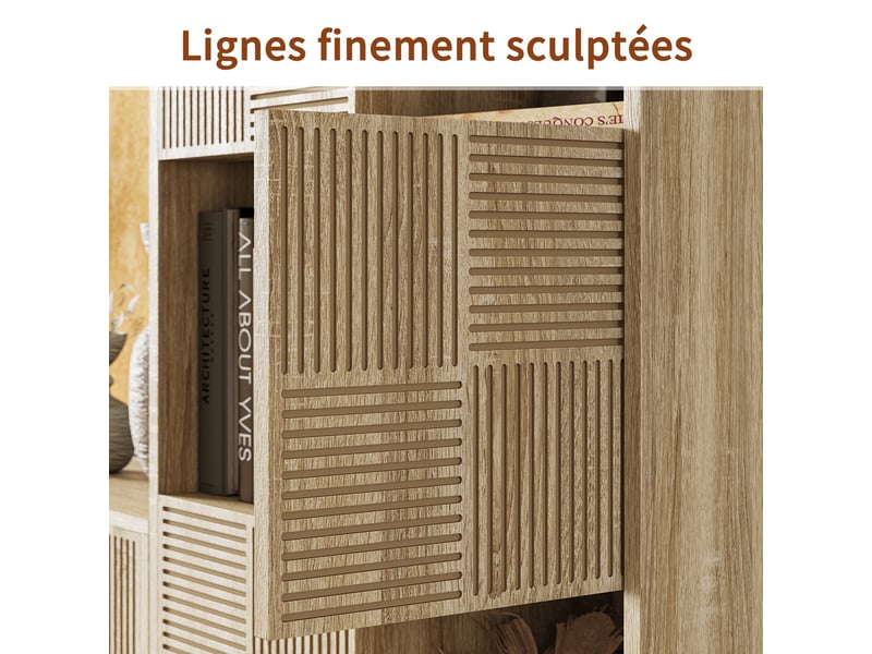 Bibliothèque 8 cases - 60x30x125cm - meuble de rangement modulaire étagères ouvertes & portes cannelées - bois naturel - Conforama D