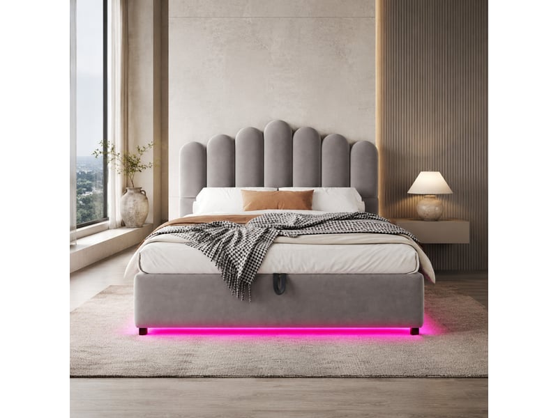  Lit coffre 140 × 200 cm 2 places avec led multicolore et rangement hydraulique, sans matelas, velours gris  - Conforama B