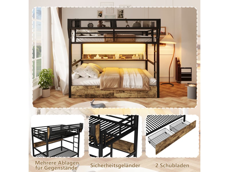  Lit mezzanine 140x200 cm noir en métal, 2 tiroirs, étagère, panier de rangement et éclairage led, sans matelas  - Conforama D