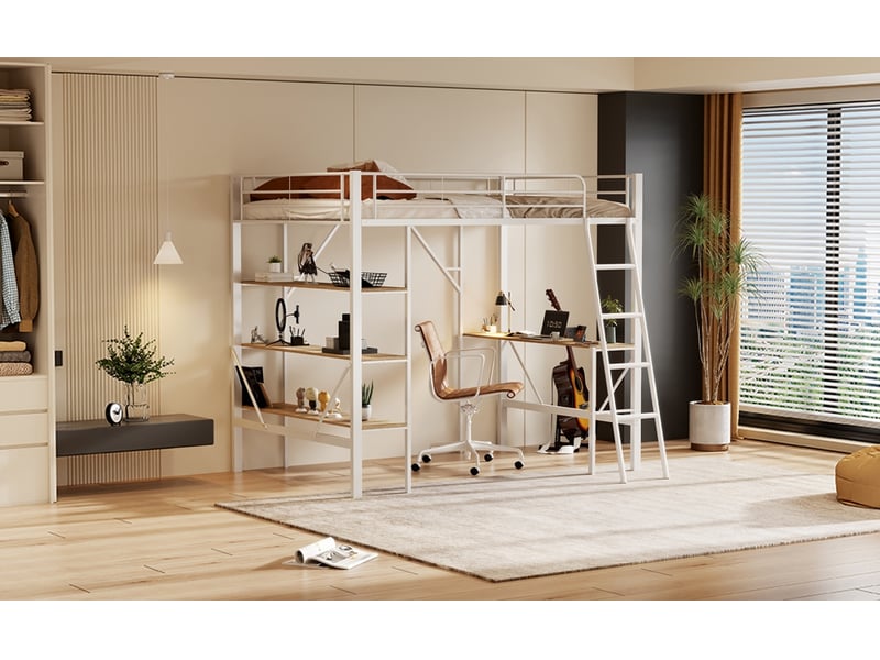  Lit mezzanine 90 × 200 cm, bureau intégré, rangements, blanc  - Conforama B