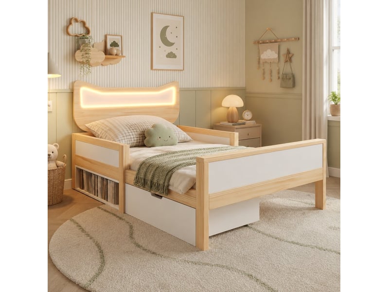 Modenvie lit enfant 90x190 cm - tete de lit chat led rgb, rangement modulable, sans matelas - blanc  - Conforama E