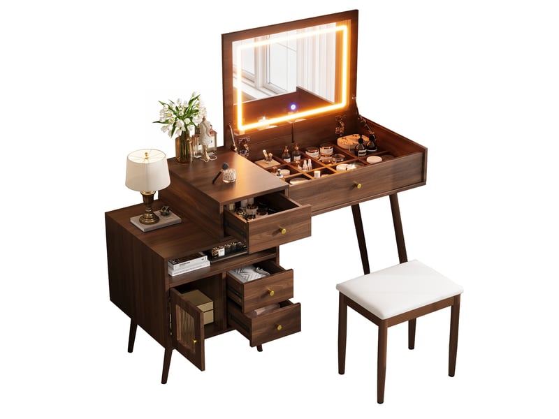  Coiffeuse bureau 120x50x77cm - led miroir pliant plateau extensible tabouret - bambou - marron CozyNest - Conforama A