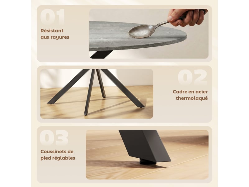  Table à manger ronde pour 4 personnes 100 cm, style industriel avec plateau aspect bois, piètement croisé en acier, gris  - Conforama R
