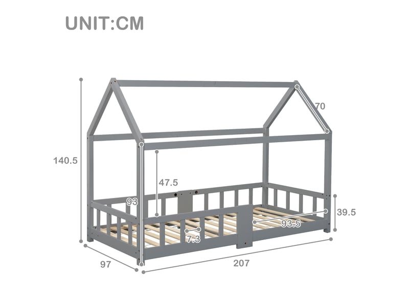  Lit cabane enfant 90 x 200 cm en pin massif avec tableau, barrières et sommier 15 lattes, gris WF197916AAG - Conforama C