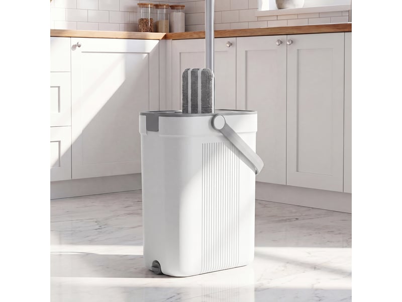  Ensemble serpillère et seau, balai plat avec essoreur, séparation eau, 3 chiffons, 26 x 17 x 36 cm, blanc  - Conforama C