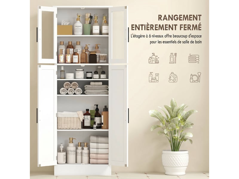  Meuble de salle de bain haut 6 niveaux, blanc, meuble de rangement avec 4 portes dont 2 vitrées et étagères réglables  - Conforama D