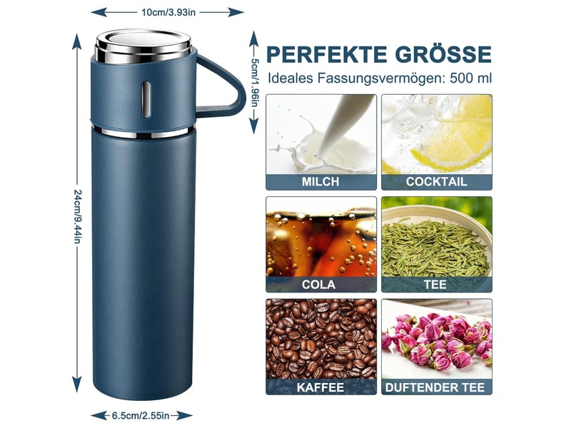  Bouteille isotherme 500ml, inox 304, avec tasse, bleu  - Conforama D