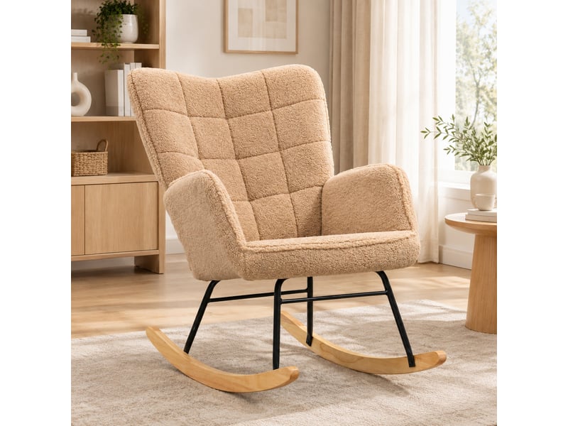  Fauteuil à bascule avec dossier haut incliné et accoudoirs, assise rembourrée en polyester effet laine bouclée marron  - Conforama C
