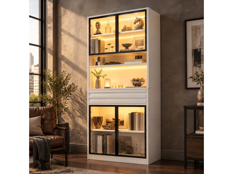  Vitrine avec 4 portes vitrées, tiroir et éclairage led piloté par application pour salon, mdf blanc, 80×35×200 cm  - Conforama B