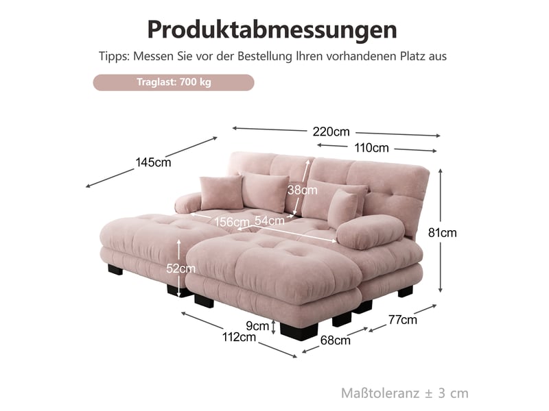 Canapé d'angle modenvie modulable 2 places en chenille rose 220 x 145 cm avec 2 ottomans - Conforama C