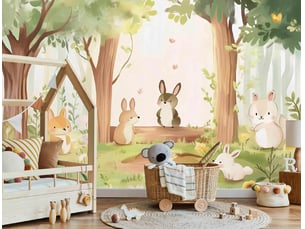 Papier peint panoramique intissé forêt animaux vert - 300x210 cm - papier peint enfant