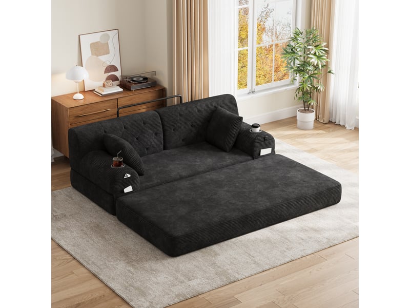  Canapé convertible, canapé-lit, 2 places, en velours, noir, poches latérales, porte-gobelets, format compressé, structure métallique  - Conforama W