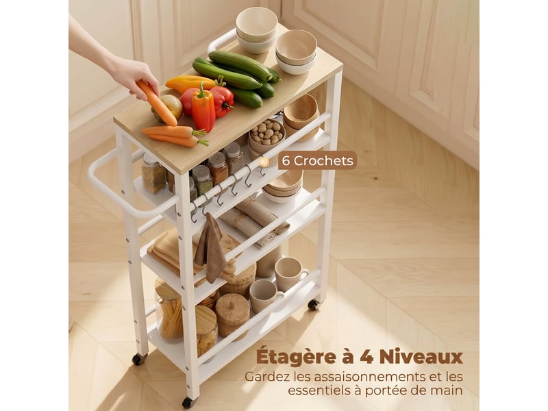  Desserte cuisine 4 niveaux, chariot de service à roulettes avec porte-serviettes et 6 crochets, chêne, 50 x 20 x 81 cm  - Conforama E