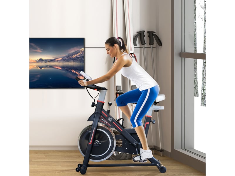  Vélo d'appartement avec volant d'inertie de 8 kg, écran lcd, moniteur de fréquence cardiaque, selle et guidon réglables, 103 x 48 x 115 cm, noir  - Conforama C
