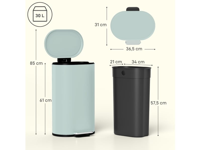 Poubelle de cuisine à pédale 30 l 36,5 x 31 x 61 cm – vert – métal – couvercle à fermeture douce - Conforama C