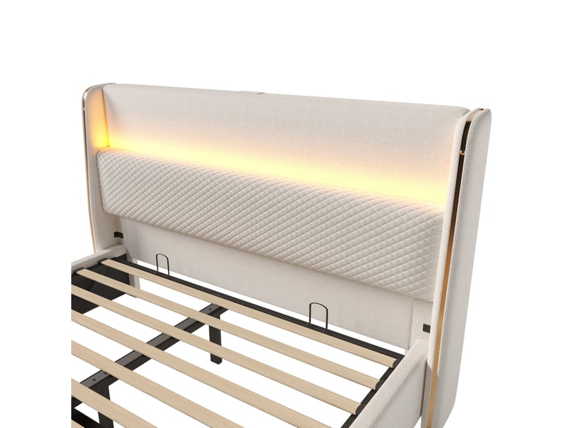  Lit double 140x200 cm tête haute relevable hydraulique led rangements usb-c toile beige sans matelas  - Conforama E