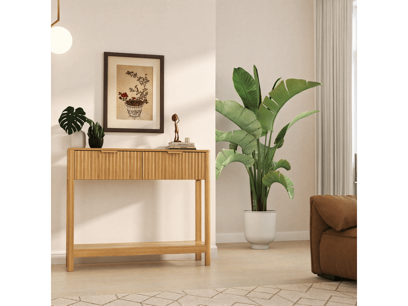 Table d'appoint - console cannelée de style mid-century modern avec 2 tiroirs et une étagère ouverte, chêne, placage chêne - Conforama C