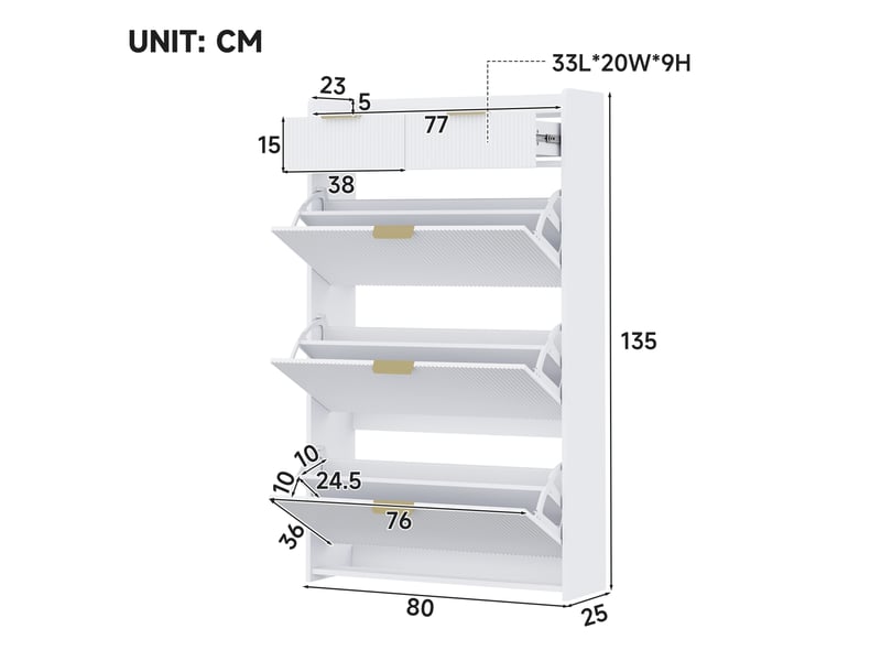  Meuble à chaussures 3 abattants et 2 tiroirs, blanc, 80 x 25 x 135 cm  - Conforama C