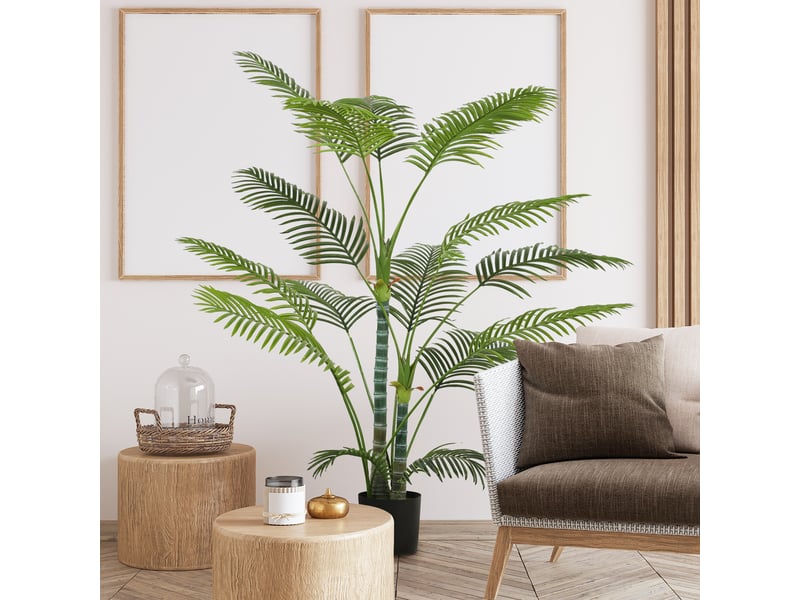  Palmier artificiel 16 feuilles, résistant uv, pot plastique, vert, intérieur extérieur  - Conforama D