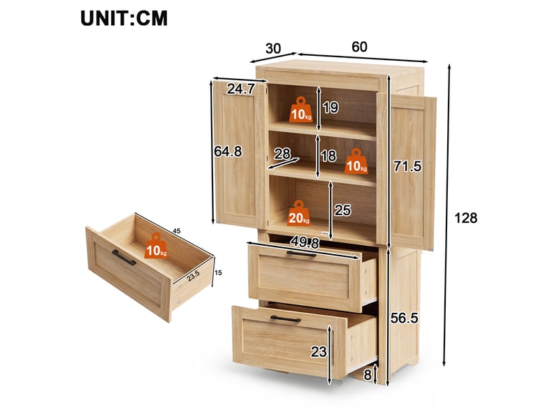  Meuble de rangement 60x30x128 cm, 2 portes, 2 tiroirs, finition bois naturel  - Conforama C