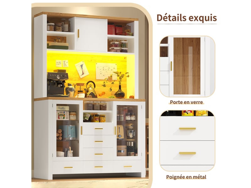 Armoires cuisine,buffet haut salle à manger de cuisine avec led,3 portes 6tiroirs-led,plan de travail-120x40x188cm-blanc - Conforama E