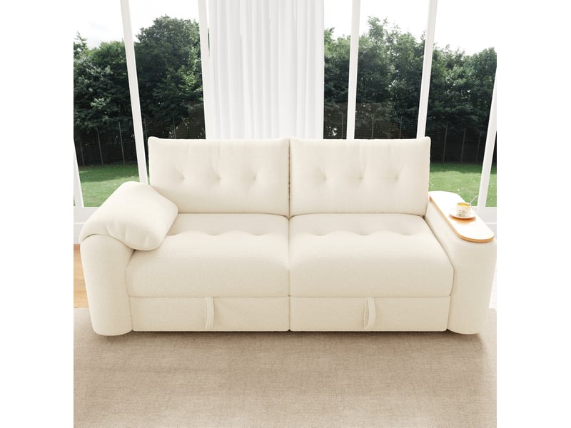  Canapé modulaire 2 places en tissu teddy beige avec rangement et table d'appoint intégrée  - Conforama B