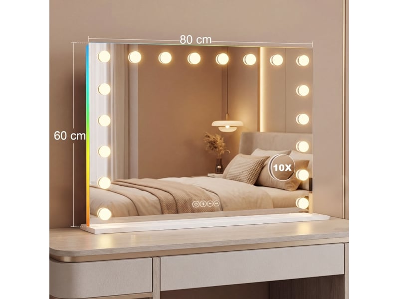  Miroir simple de maquillage à 18 led réglables avec bluetooth et lumière rgb en verre blanc 80 × 14 × 60 cm  - Conforama C