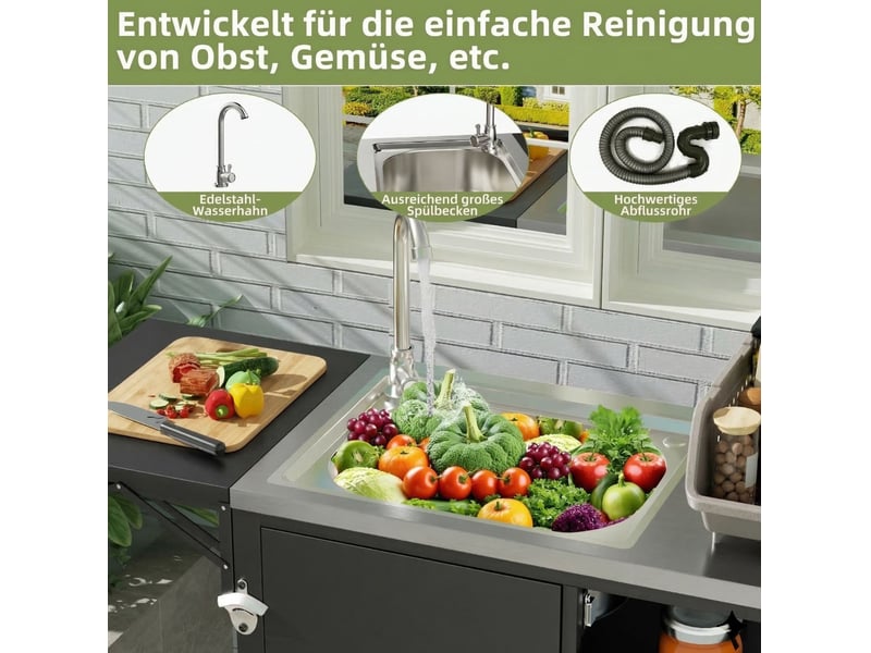  Chariot barbecue avec évier, plan de travail rabattable, armoire de rangement et roulettes pour jardin en métal noir  - Conforama D