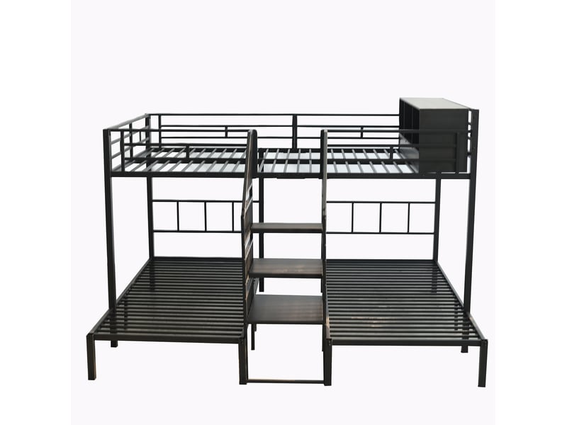  Lit superposé 90x200 cm et 140x200 cm, trois couchages avec escalier sécurisé, lit enfant, métal, noir sans matelas  - Conforama E