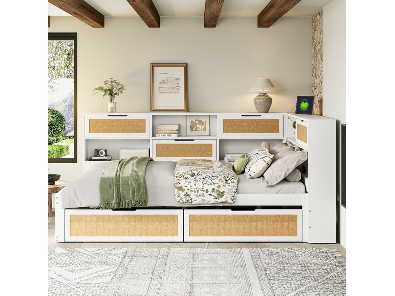 Lit de repos 140x200cm, recharge, espace de rangement, sommier, tête de lit, 2 tiroirs, en bois+mdf, blanc+naturel, sans matelas - Conforama D