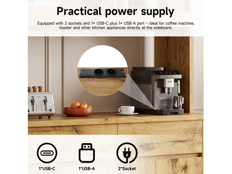  Buffet haut avec portes vitrées, led et prises usb pour séjour, en panneaux de particules, chêne, 100 × 40 × 185 cm  - Conforama E