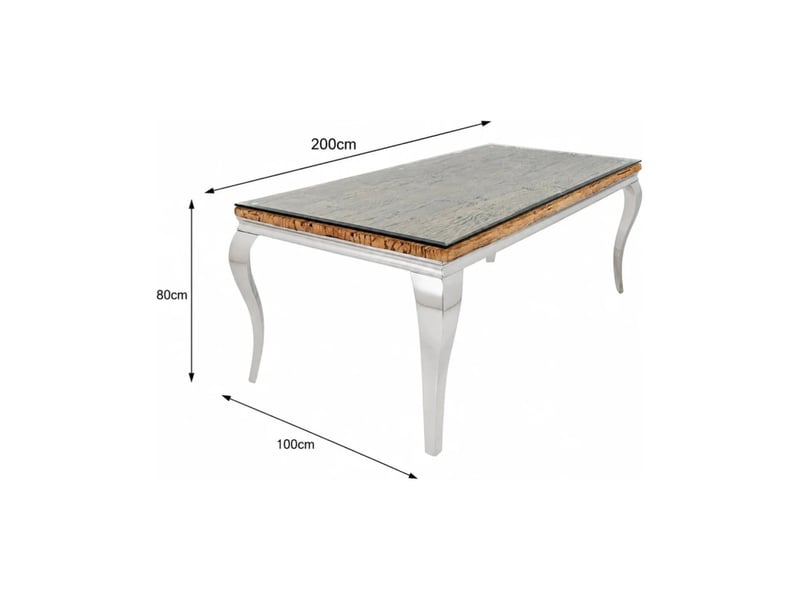  Table de salle à manger velena – rectangulaire 200 cm – bois de teck, verre et acier argenté – style baroque chic  - Conforama C