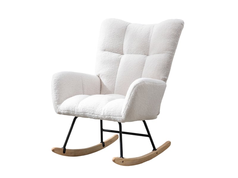  Fauteuil à bascule ergonomique en tissu teddy, bois et métal blanc  - Conforama A