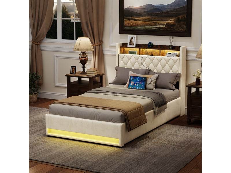  Lit double 140x190 cm avec rangement, led et usb beige homvra  - Conforama E
