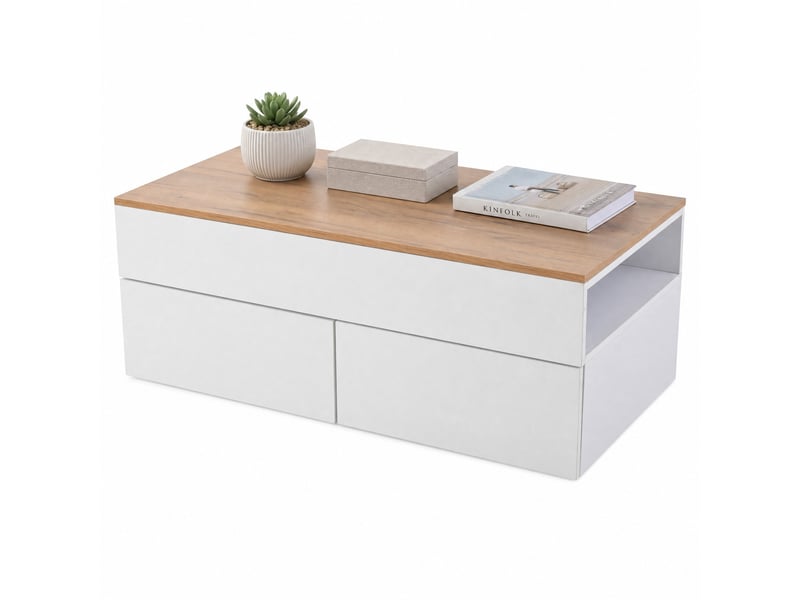  Table basse relevable avec 2 tiroirs et rangement pour salon 100×50×40 cm en panneaux de particules blanc et bois  - Conforama A