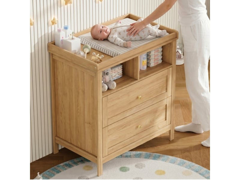 Commode à langer bébé 82 x 50 x 90 cm, plan à langer amovible, tiroirs, convertible en commode, finition effet bois, sans matelas - Conforama R