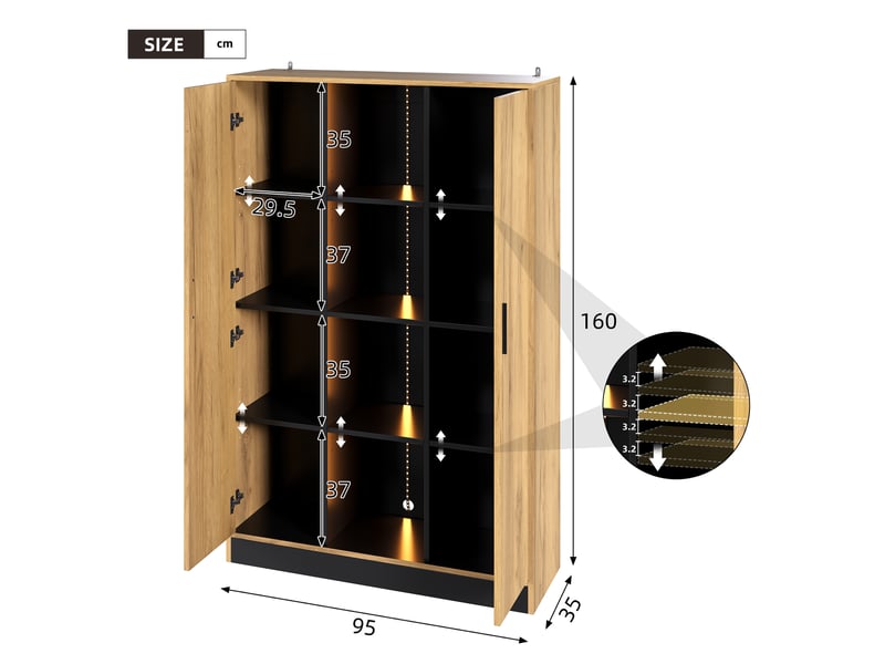 Vitrine bibliothèque 95x35x160 cm avec led, meuble de rangement effet chêne et noir, étagères réglables, pour salon bureau entrée - Conforama E