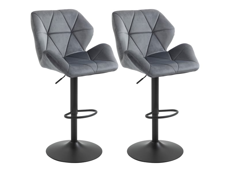  Ensemble de 2 tabourets de bar hauts rembourrés en velours, réglables en hauteur, pivotants, avec dossier et repose-pieds, gris.  - Conforama A