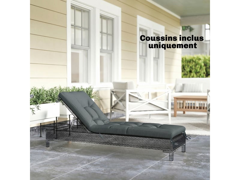  Coussin bain de soleil chaise longue en mousse à mémoire avec sangles, protection uv50+, 198x65x13cm, gris foncé  - Conforama D